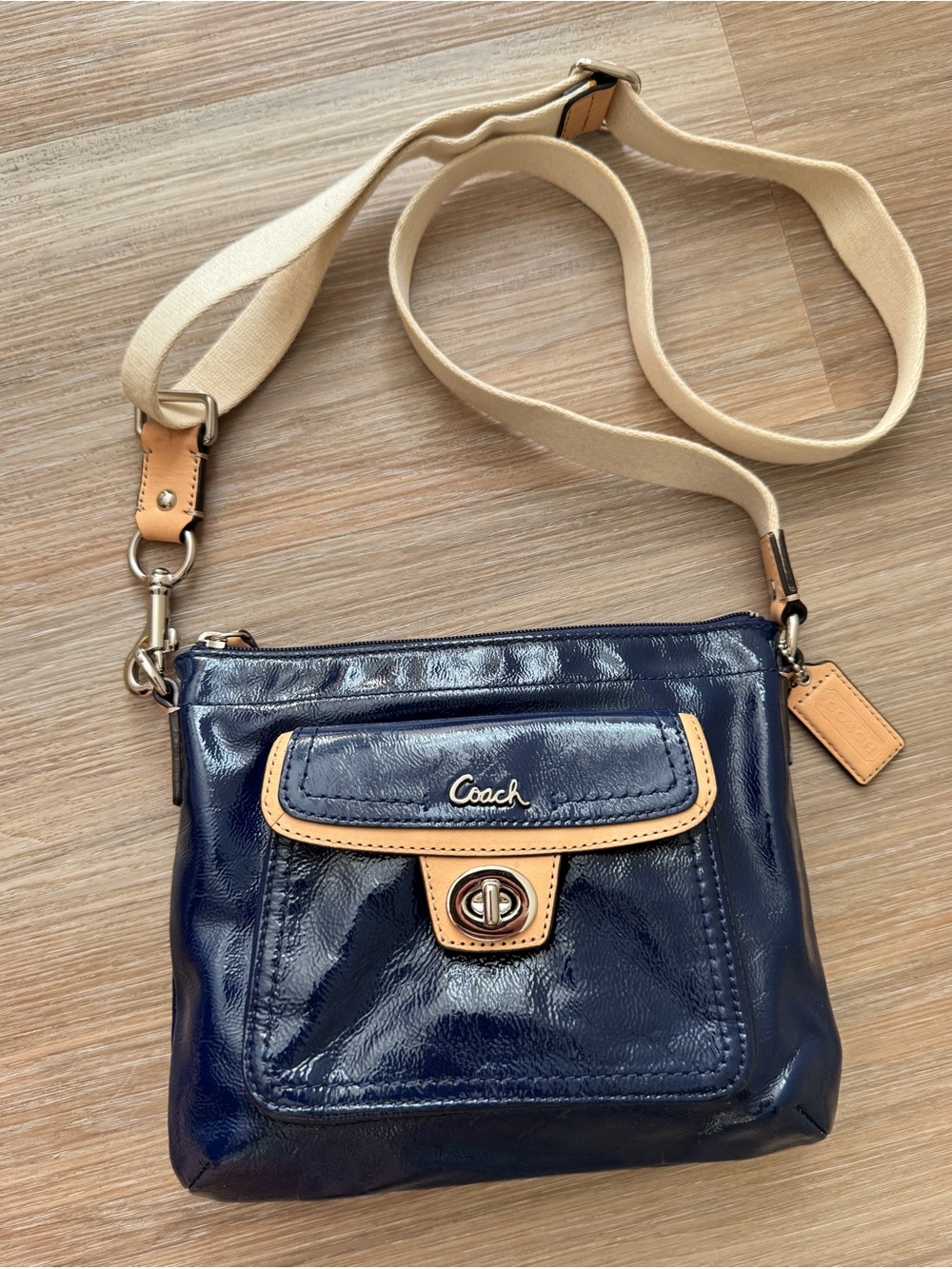 Coach Navy Patent Leather Crossbody with Tan Trim and Canvas Strap preppy